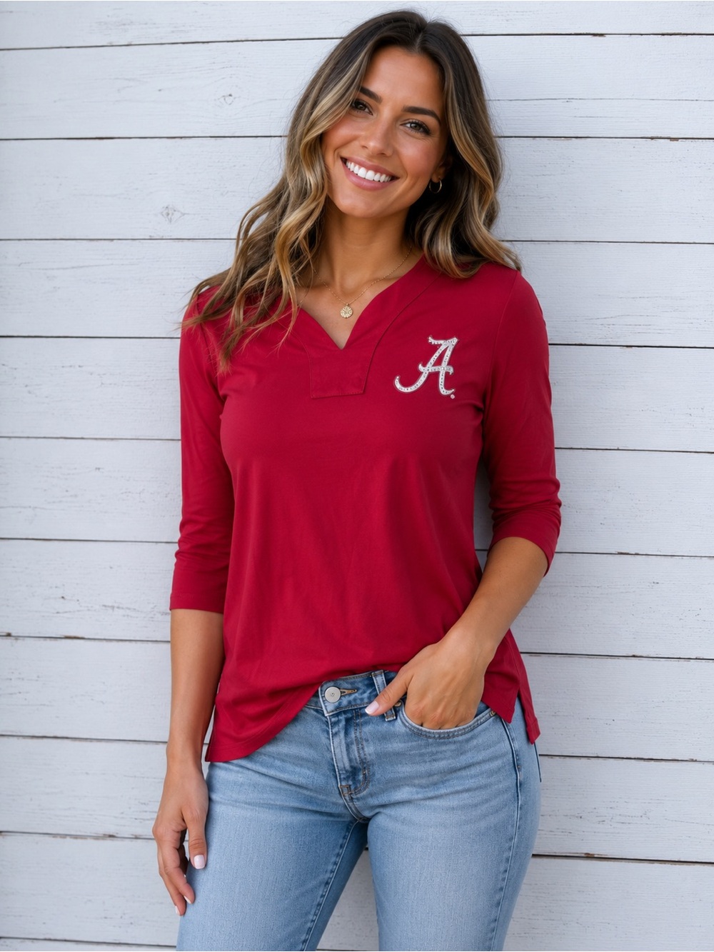Alabama Long-Sleeve V-Neck Tee with Rhinestone 'A' Accent